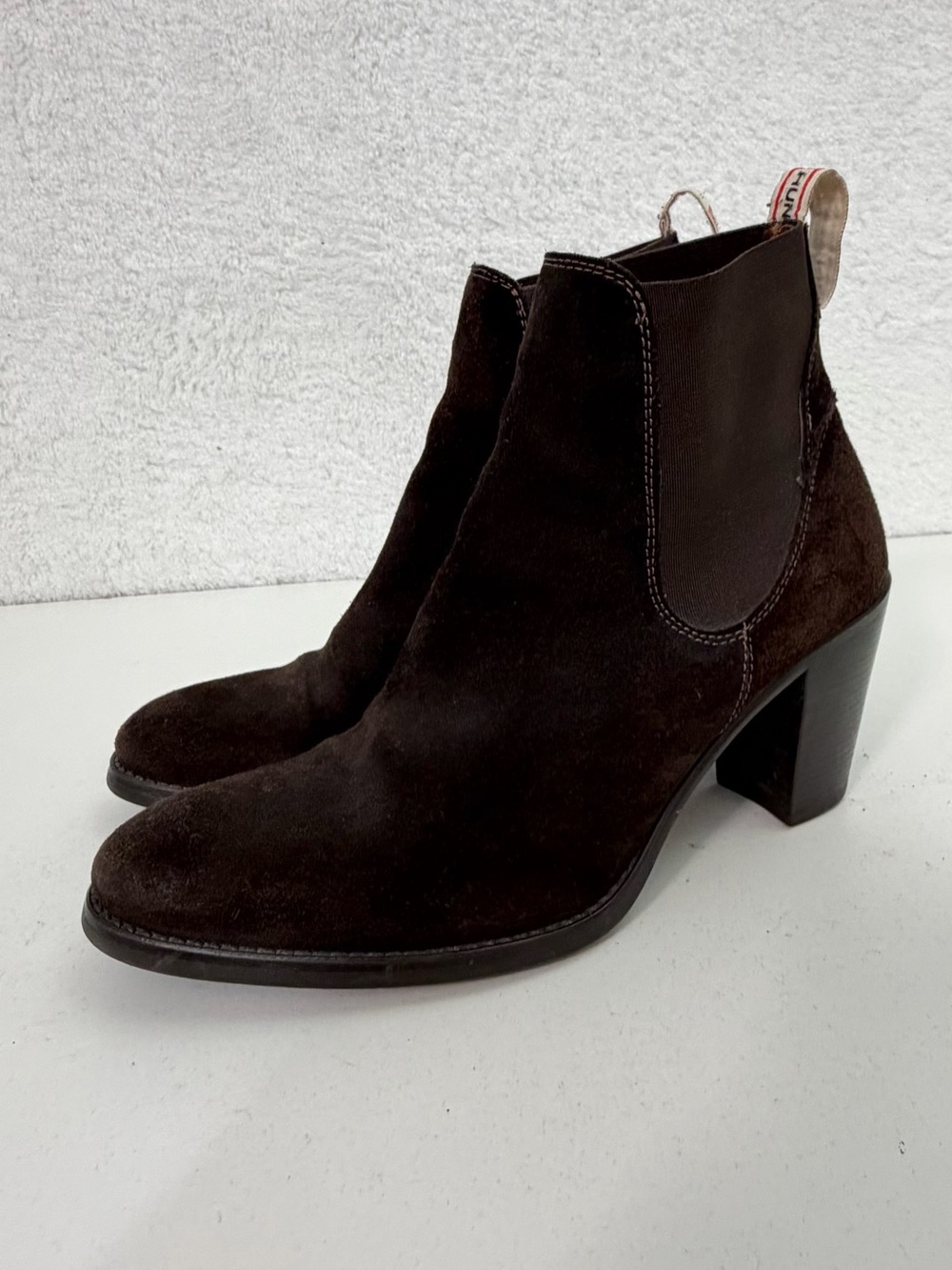 Hunter Chelsea Brown Suede Leather Heeled Ankle Boots Made in Italy Womens 7